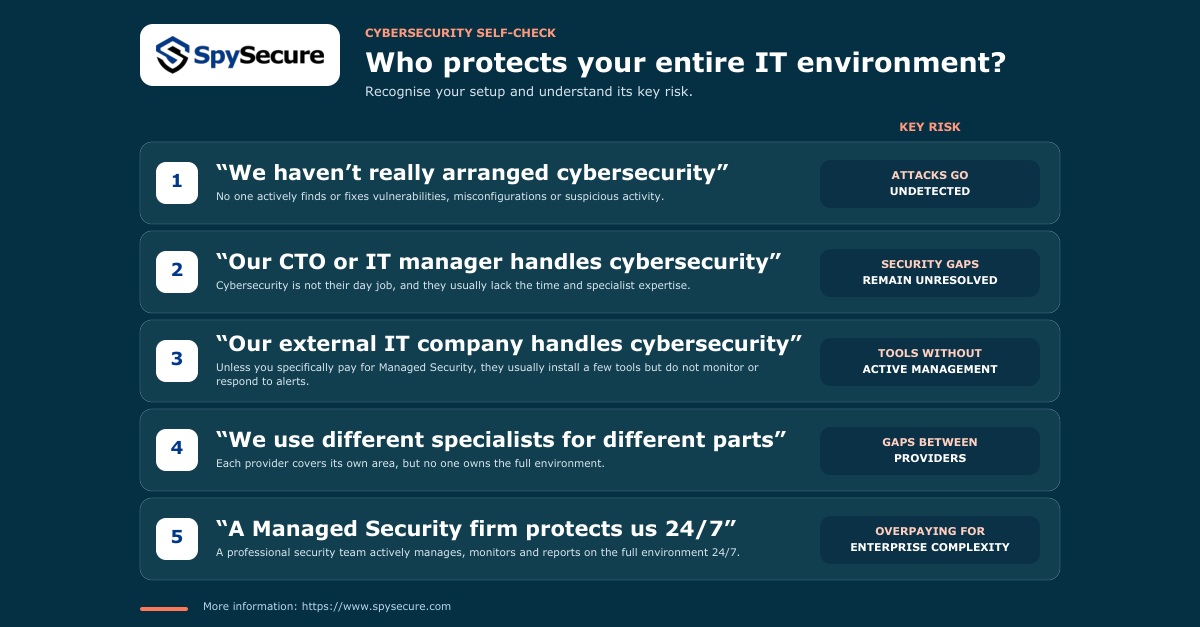 Cybersecurity self-check comparing five SME security setups and the key risk of each.
